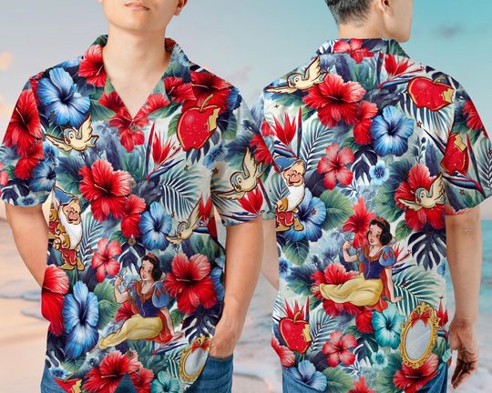 Snowwhite Princess Hawaiian Shirt  Tropical Flowers, Vintage Aesthetic, Short Sleeve Button-Down for Casual & Beachwear