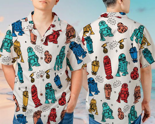 R2D2 BB8 Droid Star Wars Hawaiian Shirt  Tropical Flowers, Vintage Aesthetic, Short Sleeve Button-Down for Casual & Beachwear