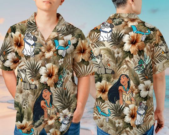 Pocahontas Princess Hawaiian Shirt  Tropical Flowers, Vintage Aesthetic, Short Sleeve Button-Down for Casual & Beachwear