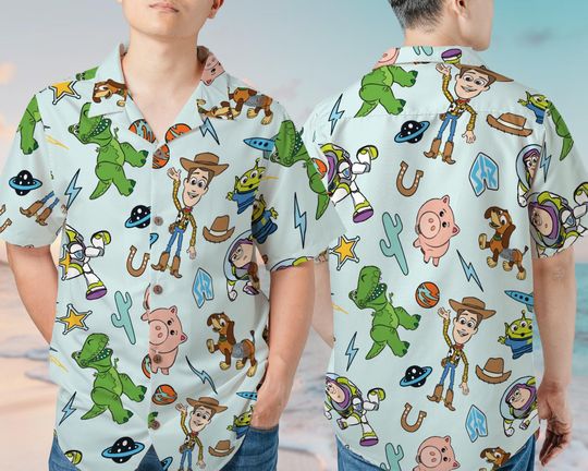 Toy Story Woody Buzz Slinky Dog Alien Hawaiian Shirt  Tropical Flowers, Vintage Aesthetic, Short Sleeve Button-Down for Casual & Beachwear