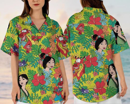 Mulan And Mushu Hawaiian Shirt  Tropical Flowers, Vintage Aesthetic, Short Sleeve Button-Down for Casual & Beachwear