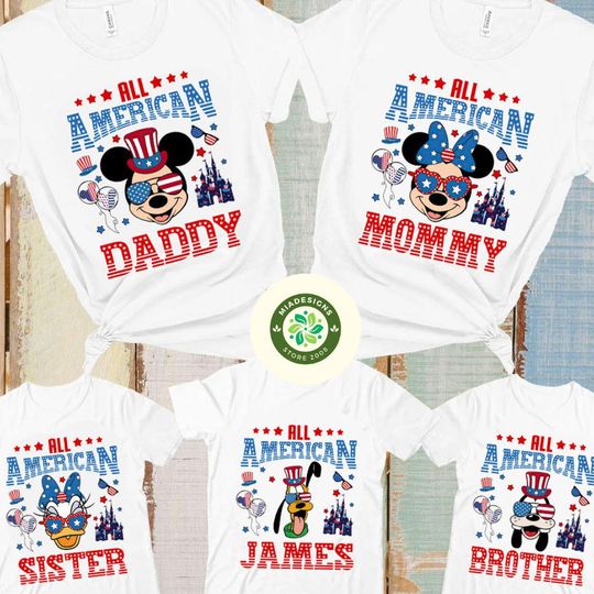 Personalized Disney 4th of July Shirt, Mickey and Friends All American Family Dad Mom Kids Matching, USA Flag Patriotic Red White and Blue