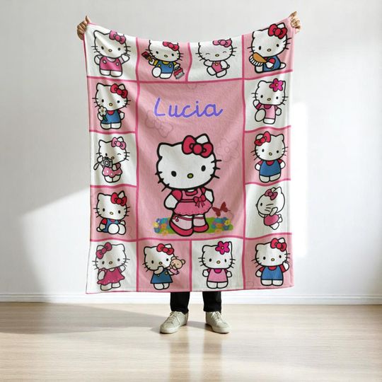 Hello Kitty Personalized Blanket  Kawaii Pink Grid Design  Cute Sanrio Gift for Girls  Soft Fleece Baby Blanket - Hello Kitty Blanket