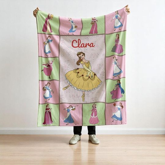 Personalized Disney Princess Fleece Blanket - Belle Beauty and the Beast Custom Name Gift