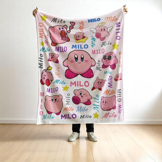Kirby Custom Name Blanket  Cute Pink Cartoon Fleece for Kids  Personalized Gamer Blanket  Baby Toddler Fleece Gift  Kirby Blanket