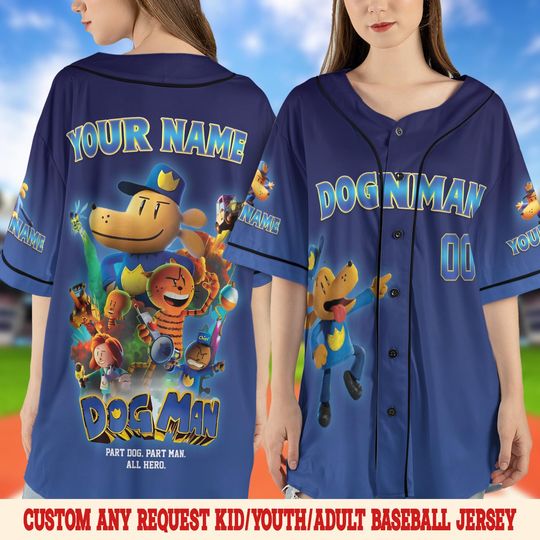 Custom Dog Man Baseball Jersey, Personalized Dog Man And Kid Cat Baseball Jersey, Dog Man Birthday Party Jersey, Birthday Gift