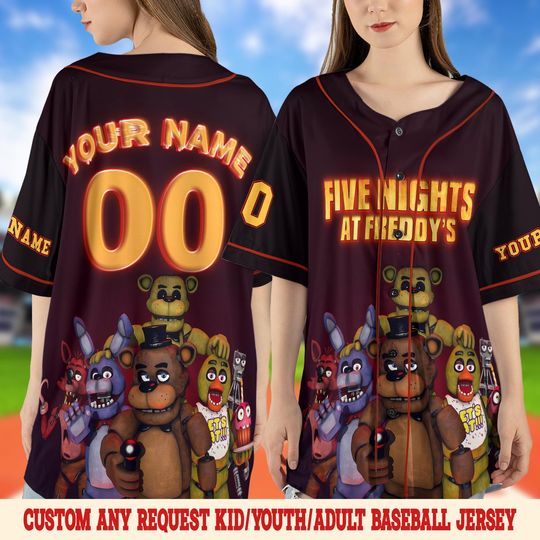 Five Nights at Freddy's Baseball Jersey, FNAF Birthday Shirt, Spooky Gift for Kids, Custom FNAF Jersey