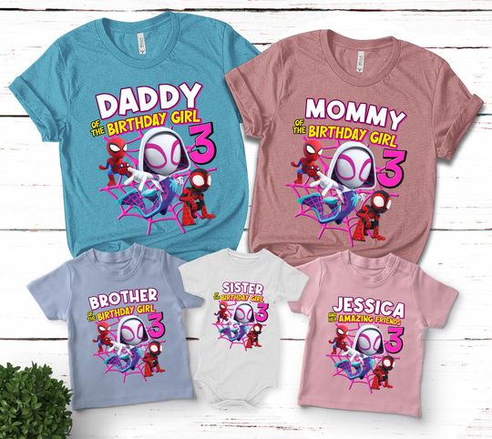 Spidey Inspired Birthday Shirt, Ghost Spider & her friends theme Party, Personalized Family shirt, Gift Birthday Shirt, family tees