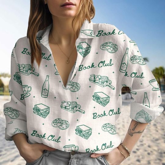 Book Club Linen-Look Shirt, Bookworm Shirt For Women, Book Club Gift, Bookish Longsleeve Shirt, Easter Cooking Blouse Women Shirt