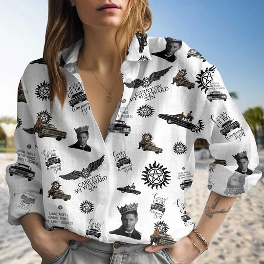 Supernatural Linen-Look Shirt, Winchester Brothers Shirt For Women, Deck The Halls Shirt For Her, Carry on My Wayward Son Longsleeve Shirt