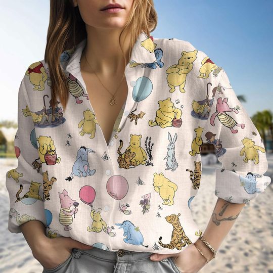 Winnie The Pooh Linen-Look Shirt, Disney Eeyore Men Shirt, Pooh And Piglet Shirt For Her, Magic Kingdom Shirt, Pooh Tigger Shirt Women