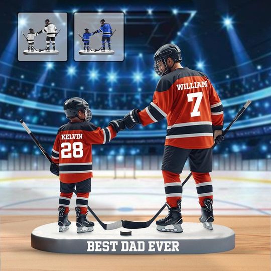 Personalized Father's Day Gift, Hockey Dad And Kid, Kids' Names Custom Shaped 2D Acrylic Plaque, Gift For Him, For Dad, Hockey Lovers