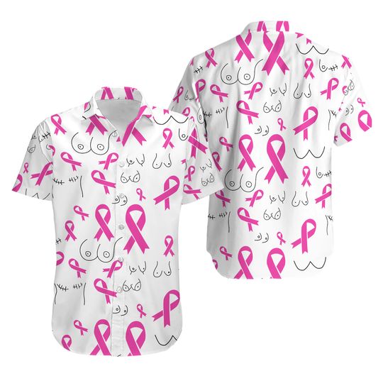 Breast Cancer Awareness Hawaiian Shirt, Pink Ribbon Breast Cancer Survivor Button Down Shirt, Cancer Warrior Gifts, Support Cancer Shirt