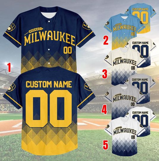 Personalized Gradient Square Shapes Milwaukee Baseball Team Jersey, Brewers Baseball Team Custom Jersey, Brewers Baseball Fan Gift