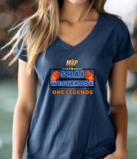 OKC Thunder V-Neck Tee for NBA Basketball Fans Playoff Game Day Gift, Shai- Westbrook Tribute Shirt, Thunder Basketball Fan gift for her