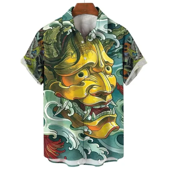 Discover Japanese Samurai Devil Ghost Mask Print Men's HAWAIIAN Button Up Shirt Lapel Top