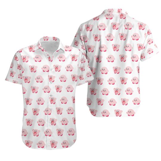 Cute Kirby Face Matching Hawaiian Shirt and Shorts Set, Kirby Summer Beach Outfit, Gamer Button shirt, Summer Gift For Her