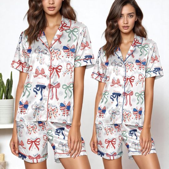 4th of July Pajama Set  Women's Patriotic Coquette Bow Christian Short Sleeve Loungewear, Soft Sleepwear, USA Independence Day Gift