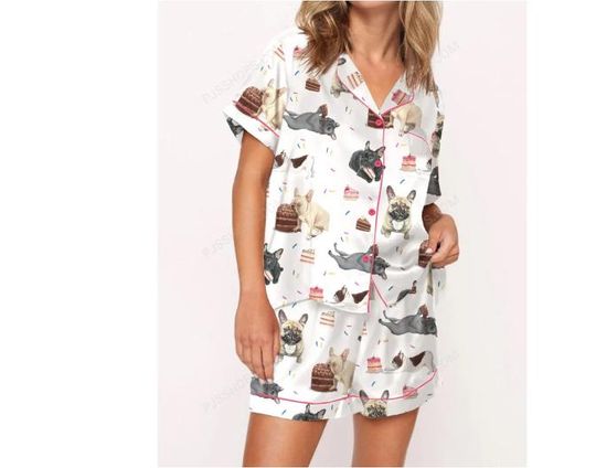 French Bulldog Party Pajama Set  Silky Soft, Short Sleeve Sleepwear with Fun, Playful Designs