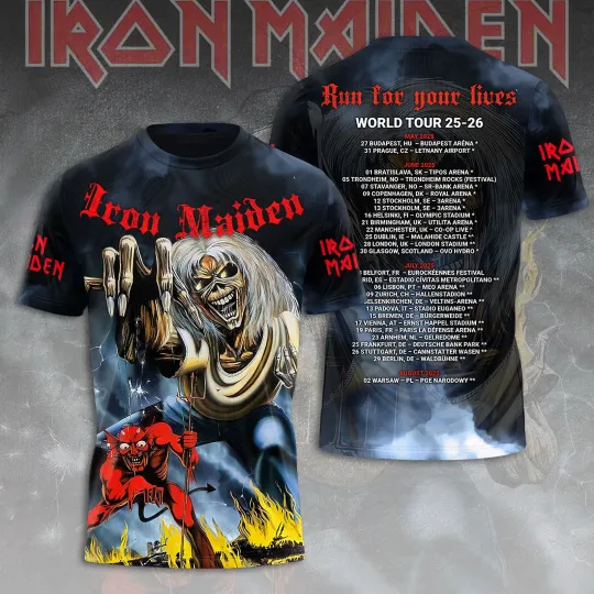 Discover Iron Maiden Run For Your Lives World Tour 2025 Date Inspired, Licensed 3D TShirt