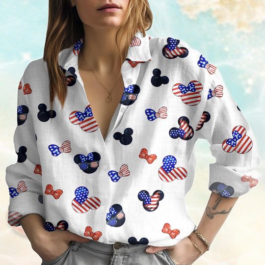 Mickey Mouse 4th Of July Linen-Look Shirt, Disney Bows Fourth July Shirt, Mickey Heads Women Shirt, Disneyland USA Flag Blouse Shirt