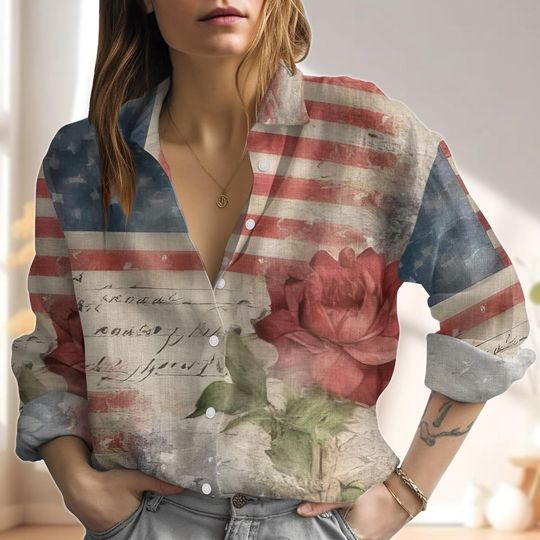 Floral 4th Of July Linen Shirt, America Womens Blouse Top, Independence Day, USA Summer Top For Women, Patriotic 2025 Gifts
