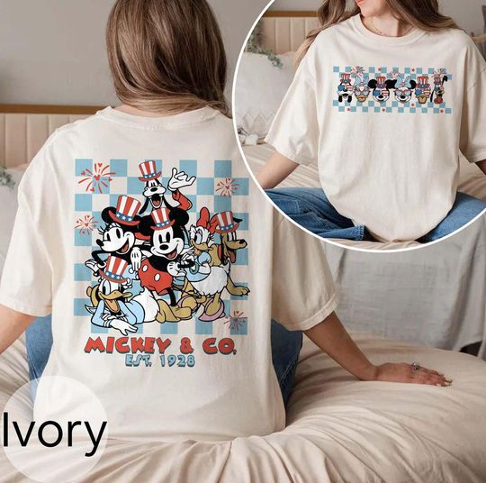 Retro Disney Checkered 4th of July Comfort Colors Shirt, Mickey and Friends 4th Of July Shirt, Patriotic Memorial Day Tee, Disney Patriotic