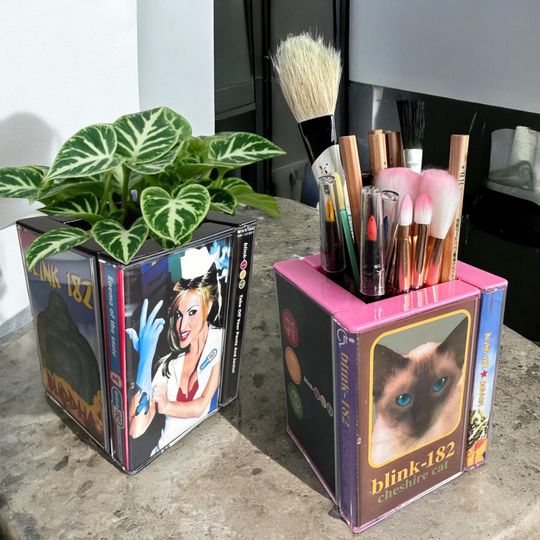 Vintage B182 Cassette Tape Desk Organizer Makeup Pencil holder Plant Pot ,Enema Of The State, Cheshire Cat,Buddha, Gift