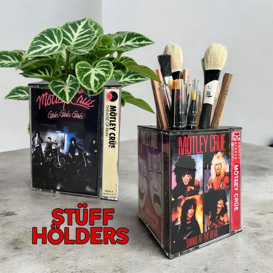 Motley Crue Cassette Tape Desk Organizer Stuff Holder | Makeup Pen Pencil holder Plant Pot Vintage Album Titles