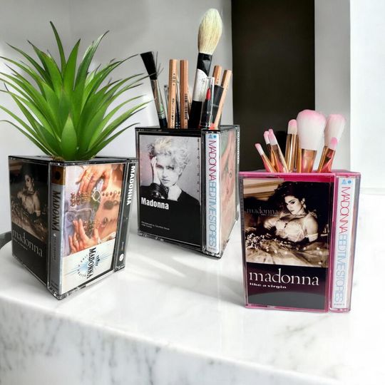 Retro Madonna Handmade Vintage Cassette Tape Desk Organizer Pen Pencil Holder | Makeup brush holder Plant Pot Gift Idea