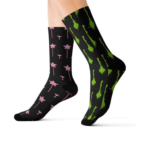 Wicked Broomstick and Wand Sublimation Socks, Wicked Socks, Elphaba Socks, Glinda Socks, Wicked Movie Socks, Christmas Gifts, Gifts Under 25