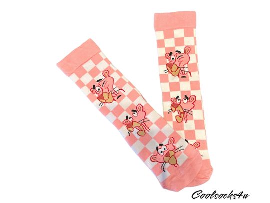 Pink Panther Checkerboard Cartoon Character Cotton Crew Socks | Cute, Fun, Novelty |