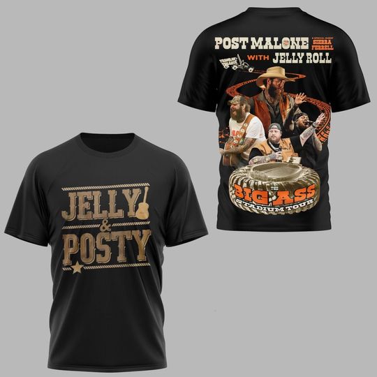 Post Malone Jelly Roll 2025 Tour 3D Shirt, Big Ass Stadium Tour Shirt, Post Malone Rap Music Shirt, Western Concert 2025 Shirt