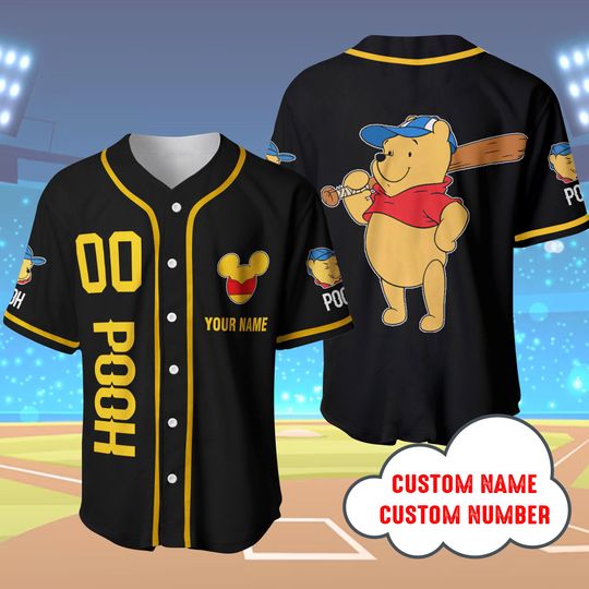 Custom Pooh Black Baseball Jersey, Baseball Jersey Disneyland Family Matching shirt, Pooh Cartoon Baseball Tee for Toddler Kid & Youth