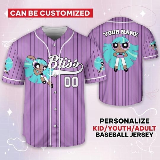 Personalize Bliss Jersey Violet Black, Funny Powerpuff Girls 90s Cartoons, Retro Power Puff Girls Family Jersey, Birthday Gift For Fans