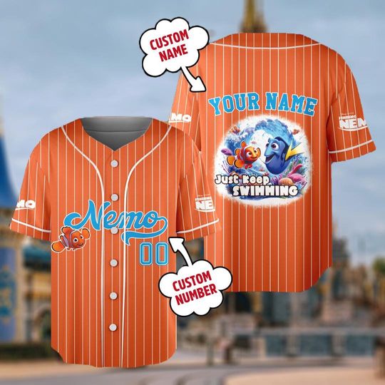 Personalize Disney Finding Nemo Baseball Jersey, Custom Nemo And Dory Baseball Shirt, Just Keep Swimming Kid Youth Adult Disneyland Trip Tee