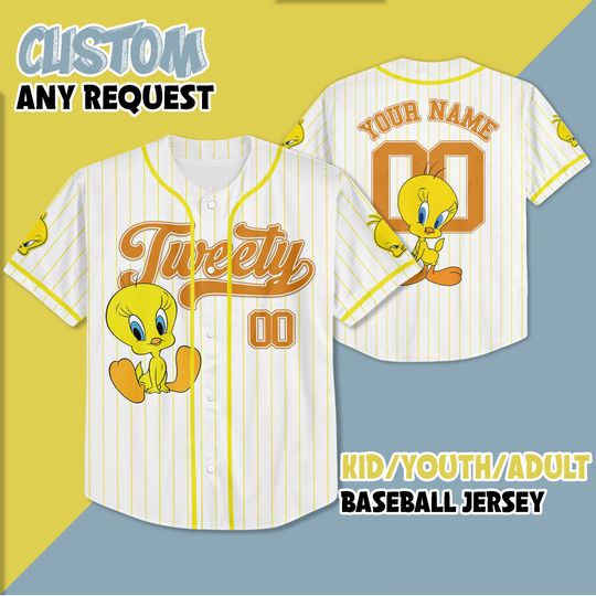 Custom Tweety Baseball Jersey, Personalized Tweety Looney Tunes Jersey Shirt, Disney Birthday Gift, Gift For Baseball Fans