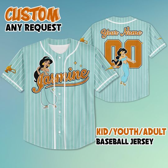 Custom Princess Jasmine Baseball Jersey, Personalized Aladdin Jasmine Jersey Shirt, Disney Birthday Gift, Gift For Baseball Fans