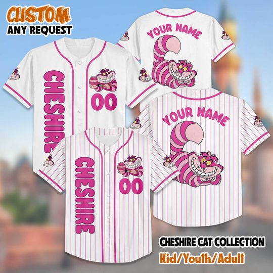 Personalized Cheshire Cat Baseball Jersey, Custom Disney Cheshire Cat Jersey Shirt, Disney Birthday Gift, Magic Kingdom Shirt