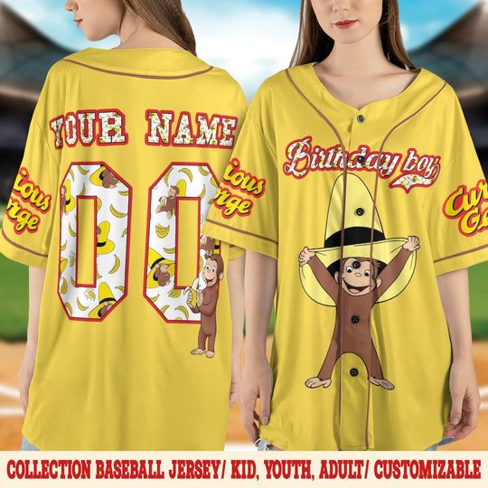 Custom Curious George Birthday Baseball Jersey, Curious George Baseball Shirt, Curious George Cartoon Jersey, Kids Baseball Jersey