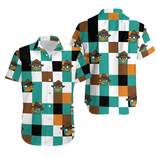 Phineas and Ferb Perry the Platypus Button Up Shirt, Phineas and Ferb Disney TV Series Hawaiian Shirt, Disney Checkered Hawaiian Shirt
