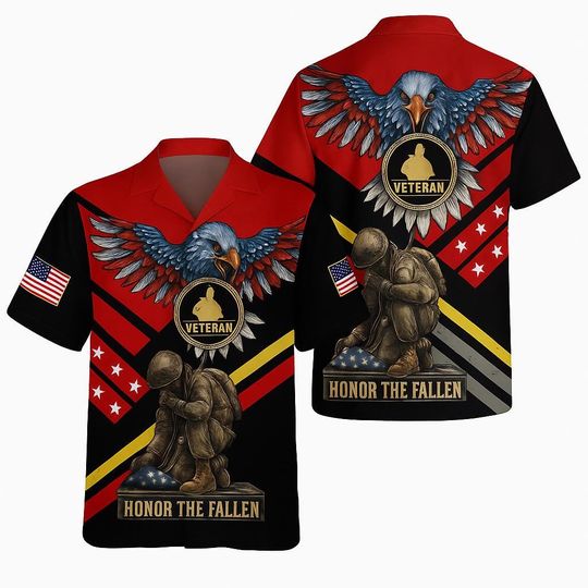 Honor The Fallen Veteran Hawaiian Shirt - Patriotic Design with Bald Eagle and Soldier Memorial