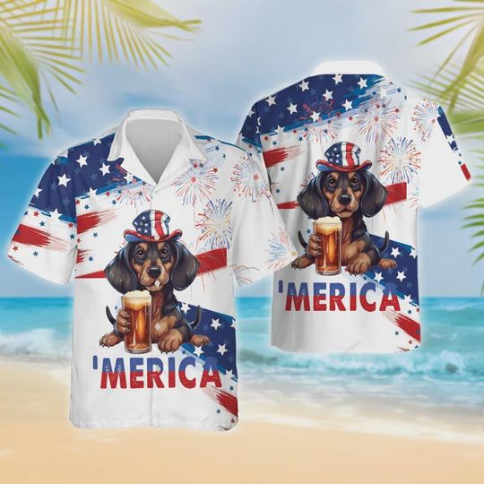 Merica Dachshund Hawaiian Shirt, American Flag Summer Button Down, Patriotic Aloha 4th of July Short Sleeve Shirt