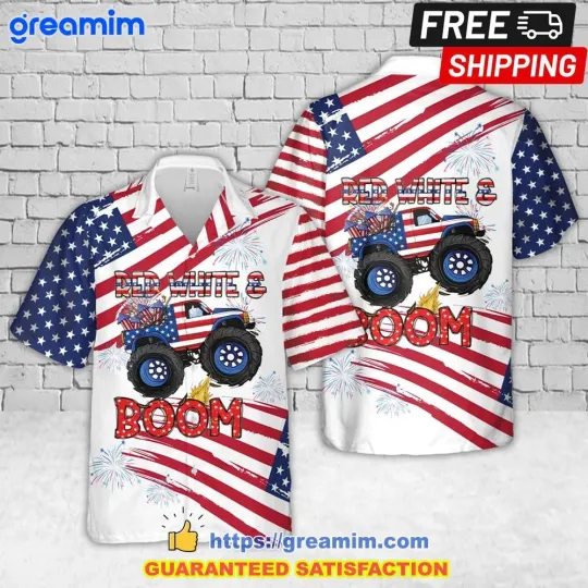 Monster Truck Red White And Boom 4th of July Short Sleeve Hawaiian Shirt