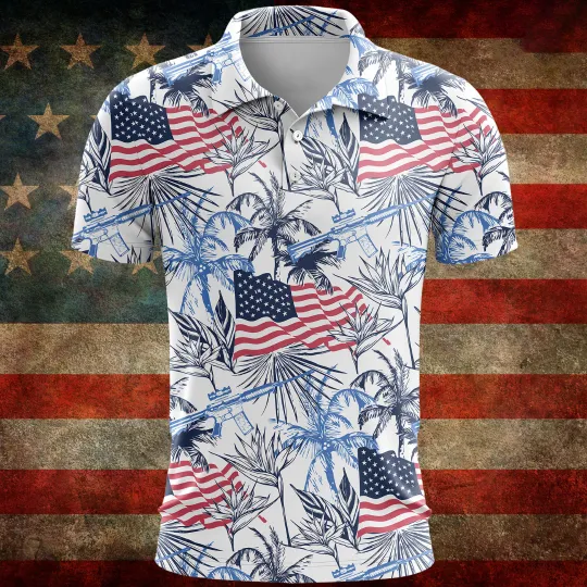 American Flag Guns Tropical Palm Tree 4th of July Polo Shirt