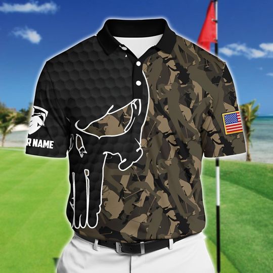 Custom Camo Golf Polo Shirt with Skull Bull Design and American Flag - Personalized Military Style Golf Apparel for Men