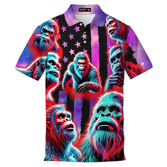 Bigfoot Galaxy USA Flag Polo Shirt for Men – 4th of July Short Sleeve Button Up