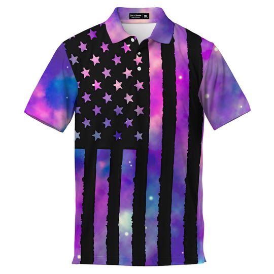 USA Flag Galaxy Independence Day Polo Shirt for Men 4th of July Short Sleeve Golf Shirt