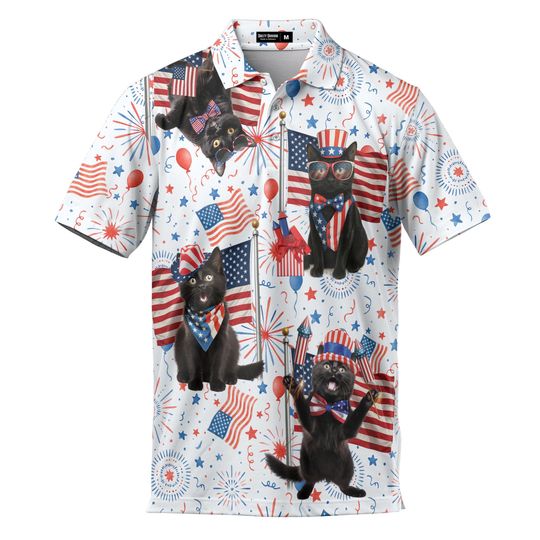 Independence Day Black Cat Polo Shirt for Men - 4th of July USA Flag Casual Short Sleeve