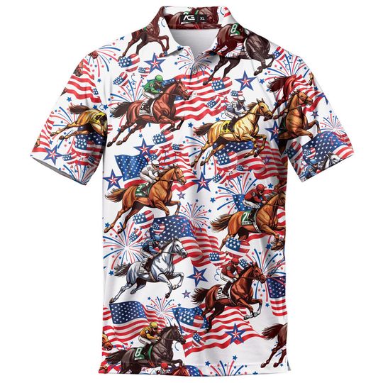 Funny Independence Day Horse Racing Polo Shirt for Men - USA Flag Casual Short Sleeve Golf Polo